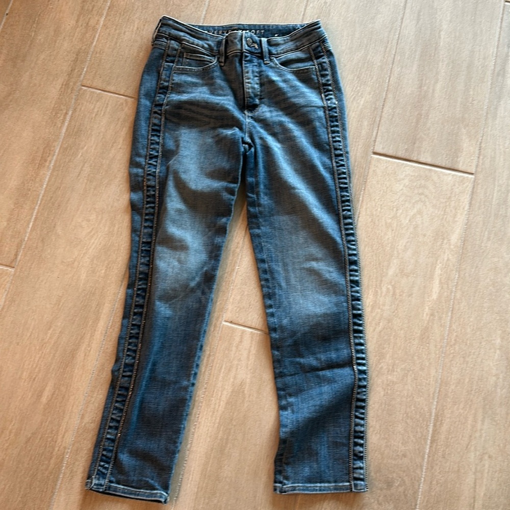 COPY - WHBM soft straight leg denim high rise with tuxedo outline with rhinesto…